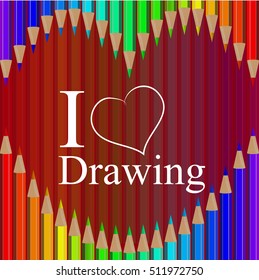 Very high quality original trendy realistic vector set of colored pencils in all rainbow colors with heart i love drawing can be used for design, banners, poster, flyer, cover, brochure. template,