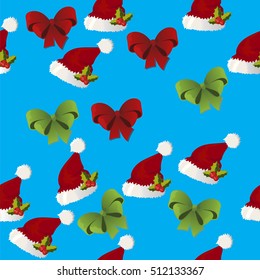 Very high quality original trendy vector seamless pattern with christmas gift bow and anta hat with fur, bows and holly