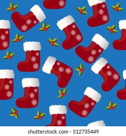 Very high quality original trendy vector seamless pattern with red christmas sock or boot with snowflakes, fur and holly