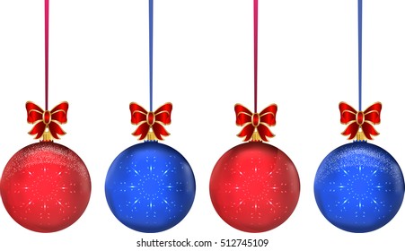 Very high quality original trendy realistic vector multicolor christmas balls with snowflakes and realistic bow
