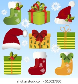 Very high quality original trendy vector illustration with christmas gift bow, gift or present box and christmas socks or boots with fur, bows and holly