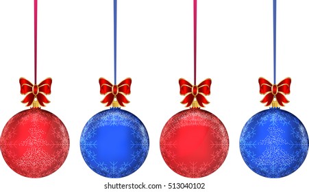 Very high quality original trendy realistic vector multicolor christmas balls with snowflakes, christmas tree and realistic bow