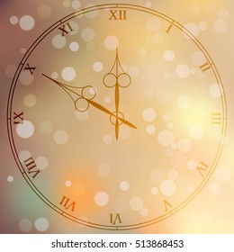 Very high quality original trendy vector antique clock face with numbers and vintage pointer isolated on blured boke background