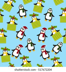 Very high quality original trendy vector seamless pattern with winter holidays happy cute Christmas penguin ins scarf