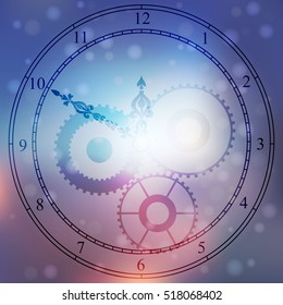 Very high quality original trendy vector antique clock face with numbers and vintage pointer isolated on blured boke background
