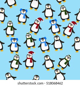 Very high quality original trendy vector seamless pattern with winter holidays happy cute Christmas penguin in scarf