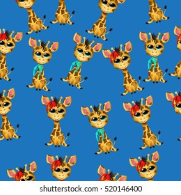 Very high quality original trendy vector seamless pattern with cute giraffe baby or calf with ribbon