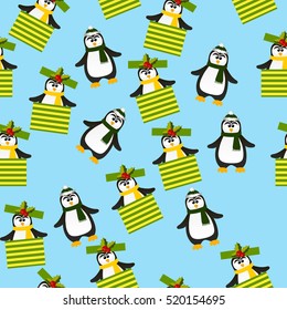Very high quality original trendy vector seamless pattern with winter holidays happy cute Christmas penguin in scarf