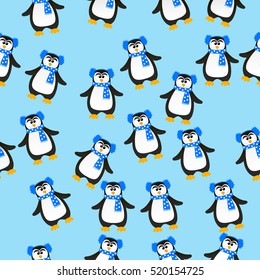 Very high quality original trendy vector seamless pattern with winter holidays happy cute Christmas penguin in scarf