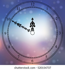 Very high quality original trendy vector antique clock face with numbers and vintage pointer isolated on blured boke background