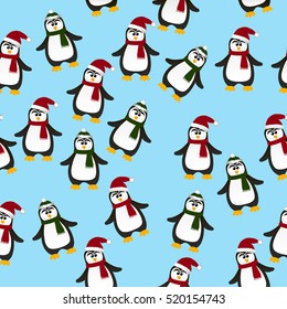 Very high quality original trendy vector seamless pattern with winter holidays happy cute Christmas penguin in scarf