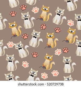 Very high quality original trendy vector seamless pattern with cute cats and paws