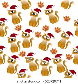 Very high quality original trendy vector seamless pattern with cute cats in santa hat with paws