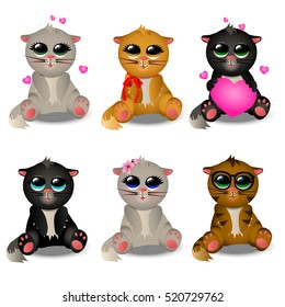 Very high quality original trendy vector set with cute cats in glasses and with ribbons, flowers and hearts