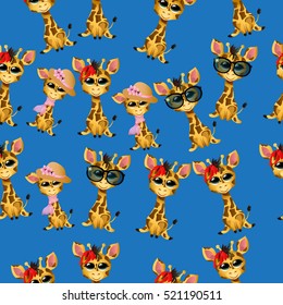 Very high quality original trendy vector seamless pattern with cute giraffe baby or calf with ribbon and hat
