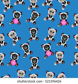 Very high quality original trendy vector seamless pattern with cute cat in panda costume or suit