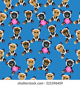 Very high quality original trendy vector seamless pattern with cute cat in panda costume or suit