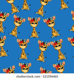 Very high quality original trendy vector seamless pattern with cute giraffe baby with ribbon