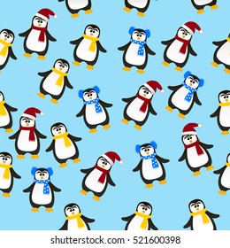 Very high quality original trendy vector seamless pattern with winter holidays happy cute Christmas penguin in scarf