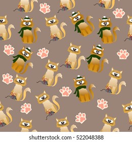 Very high quality original trendy vector seamless pattern with cute cats and paws