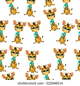 Very high quality original trendy vector seamless pattern with cute giraffe baby with ribbon