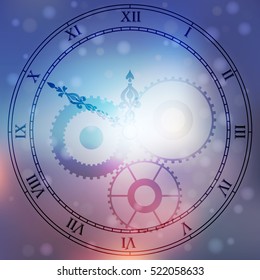Very high quality original trendy vector antique clock face with roman numbers and vintage pointer isolated on blured boke background