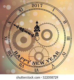 Very high quality original trendy vector antique clock face with roman numbers and vintage pointer isolated on blured boke background, happy new 2017 year