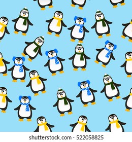 Very high quality original trendy vector seamless pattern with winter holidays happy cute Christmas penguin in scarf