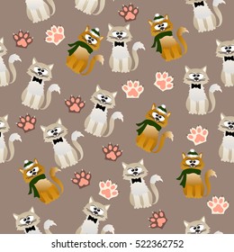 Very high quality original trendy vector seamless pattern with cute cats and paws