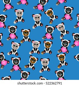 Very high quality original trendy vector seamless pattern with cute cat in panda costume or suit