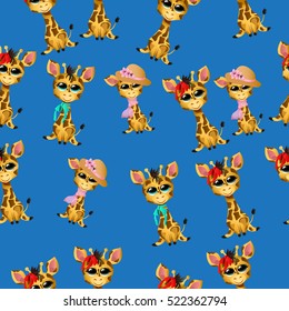 Very high quality original trendy vector seamless pattern with cute giraffe baby with ribbon and hat
