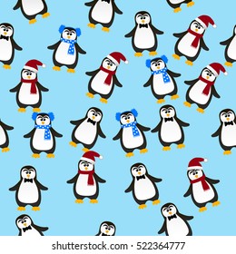 Very high quality original trendy vector seamless pattern with winter holidays happy cute Christmas penguin in scarf