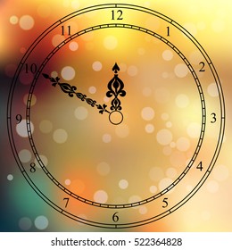 Very high quality original trendy vector antique clock face with numbers and vintage pointer isolated on blured boke background
