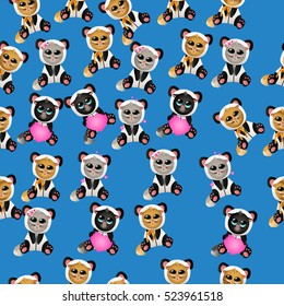 Very high quality original trendy vector seamless pattern with cute cat in panda costume or suit