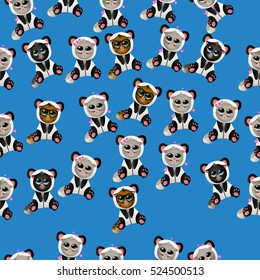 Very high quality original trendy vector seamless pattern with cute cat in panda costume or suit