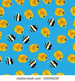 Very high quality original trendy vector seamless pattern with Moorish Idol fish. Zanclus cornutus