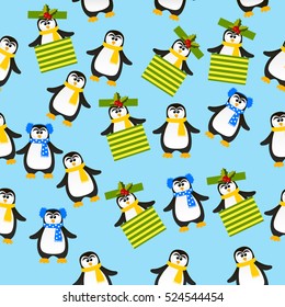 Very high quality original trendy vector seamless pattern with winter holidays happy cute Christmas penguin in scarf