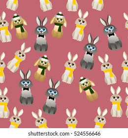 Very high quality original trendy vector seamless pattern with cute rabbit with scarf