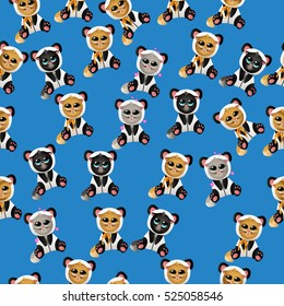 Very high quality original trendy vector seamless pattern with cute cat in panda costume or suit