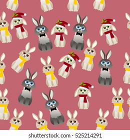 Very high quality original trendy vector seamless pattern with cute rabbit with scarf