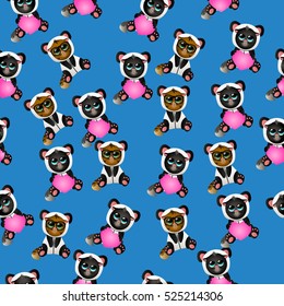 Very high quality original trendy vector seamless pattern with cute cat in panda costume or suit