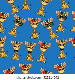 Very high quality original trendy vector seamless pattern with cute giraffe baby or calf with tie