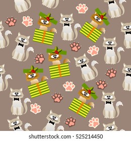 Very high quality original trendy vector seamless pattern with cute cats and paws