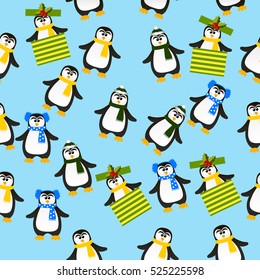 Very high quality original trendy vector seamless pattern with winter holidays happy cute Christmas penguin in scarf