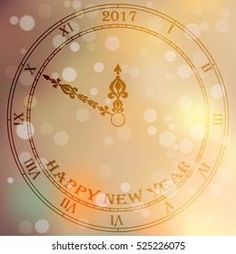 Very high quality original trendy vector antique clock face with roman numbers and vintage pointer isolated on blured boke background, happy new 2017 year