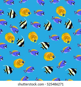 Very high quality original trendy vector seamless pattern with Moorish Idol fish. Zanclus cornutus