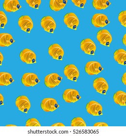 Very high quality original trendy vector seamless pattern with Golden Butterflyfish. Acanthurus leucosternon