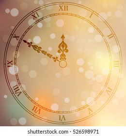 Very high quality original trendy vector antique clock face with roman numbers and vintage pointer isolated on blured boke background