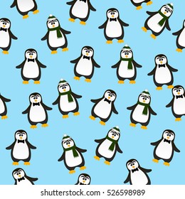Very high quality original trendy vector seamless pattern with winter holidays happy cute Christmas penguin in scarf