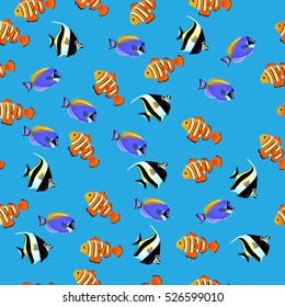 Very high quality original trendy vector seamless pattern with Moorish Idol fish. Zanclus cornutus